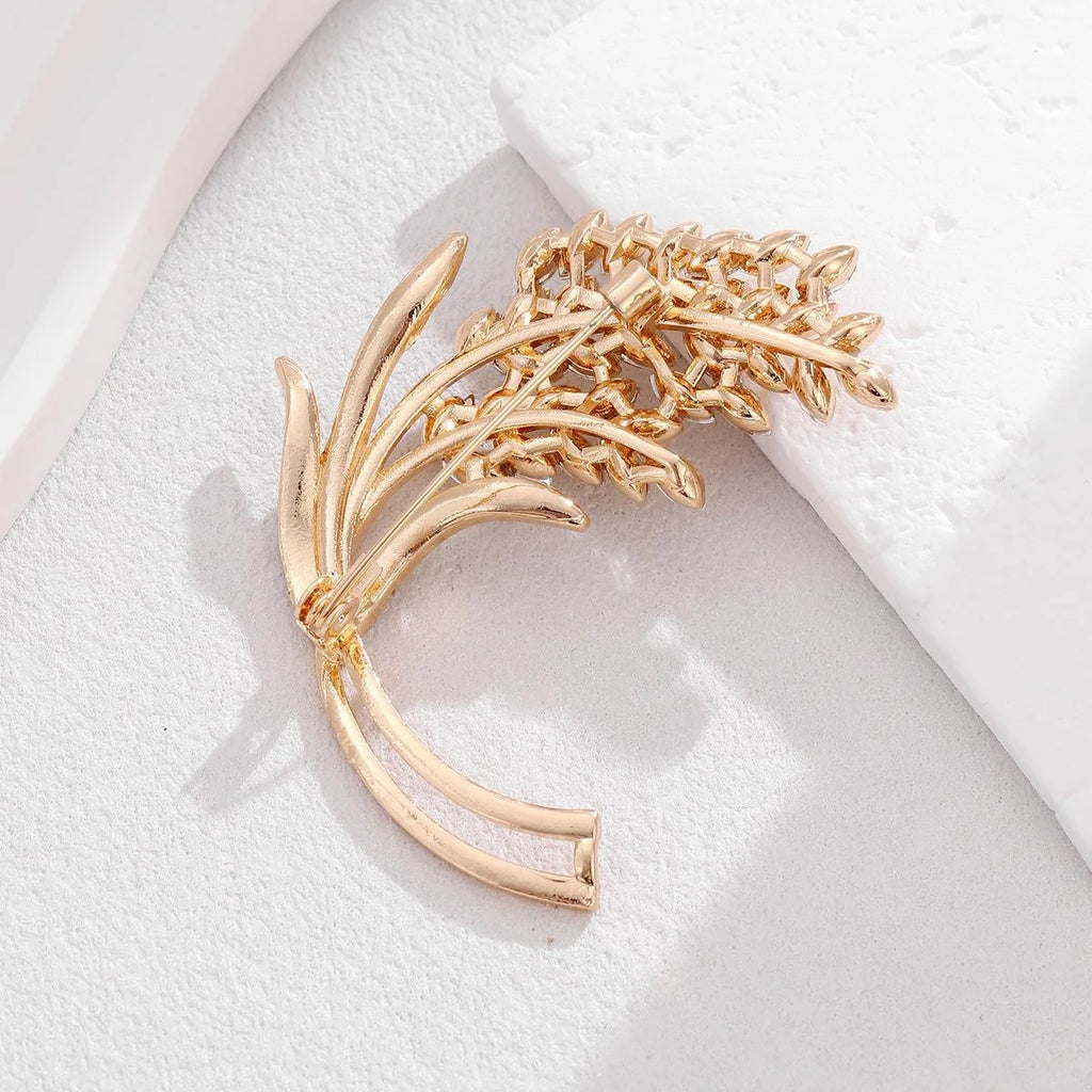 Luxury Wheat Sheaf Alloy Brooch With Gold Rhinestone Leaves, Elegant Lapel Pin Corsage Suit Accessory