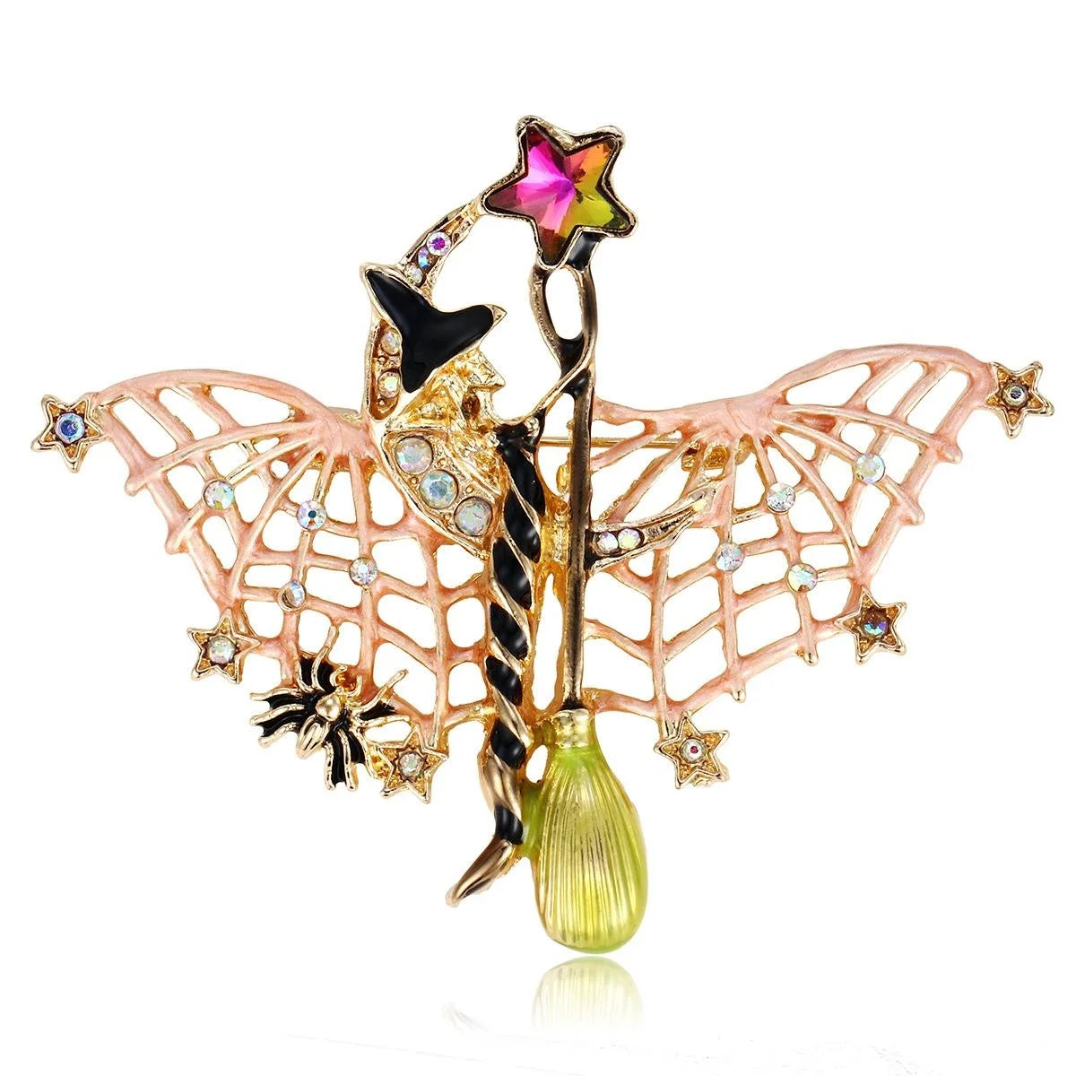 Cute Halloween Witch Bat Brooch With Enamel Wings And Rhinestones, Alloy Lapel Pin Corsage Gift
