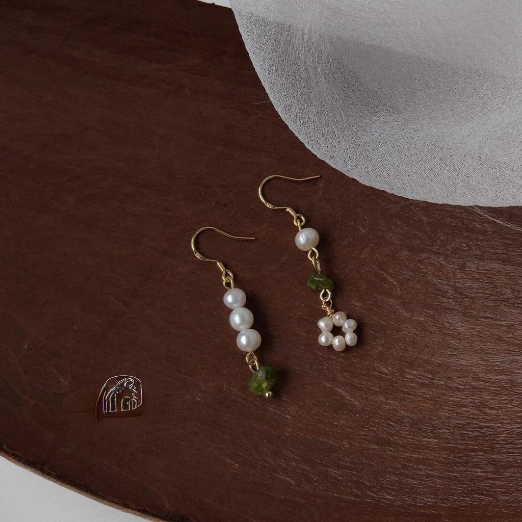 14K Plated Freshwater Pearl Geometric Tassel Drop Earrings French Vintage Handmade Jewelry