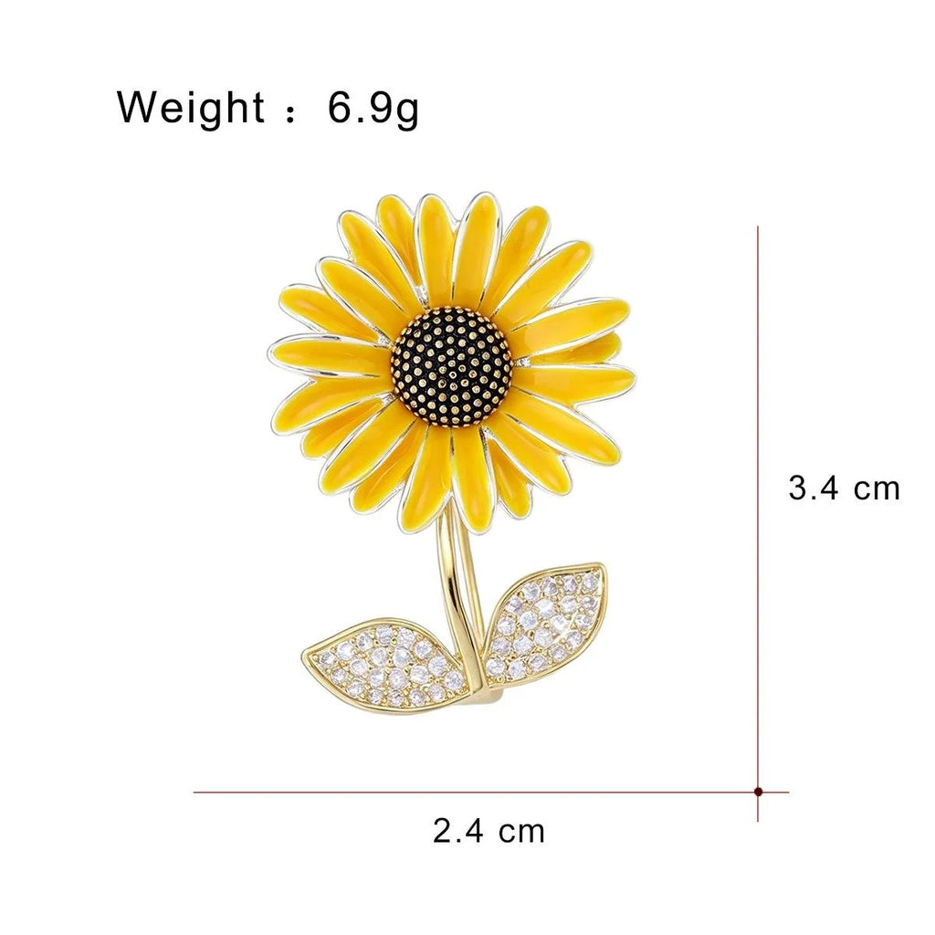 Elegant Enamel Sunflower Camellia Flower Brooch With Rhinestone Leaves, Luxury Lapel Pin Suit Accessory Gift