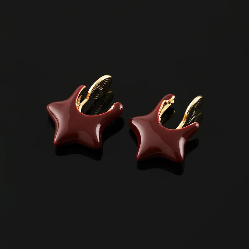 Vintage Red Enamel Five-Point Star Alloy Stud & Clip On No Piercing Gold Hoop Statement Earrings