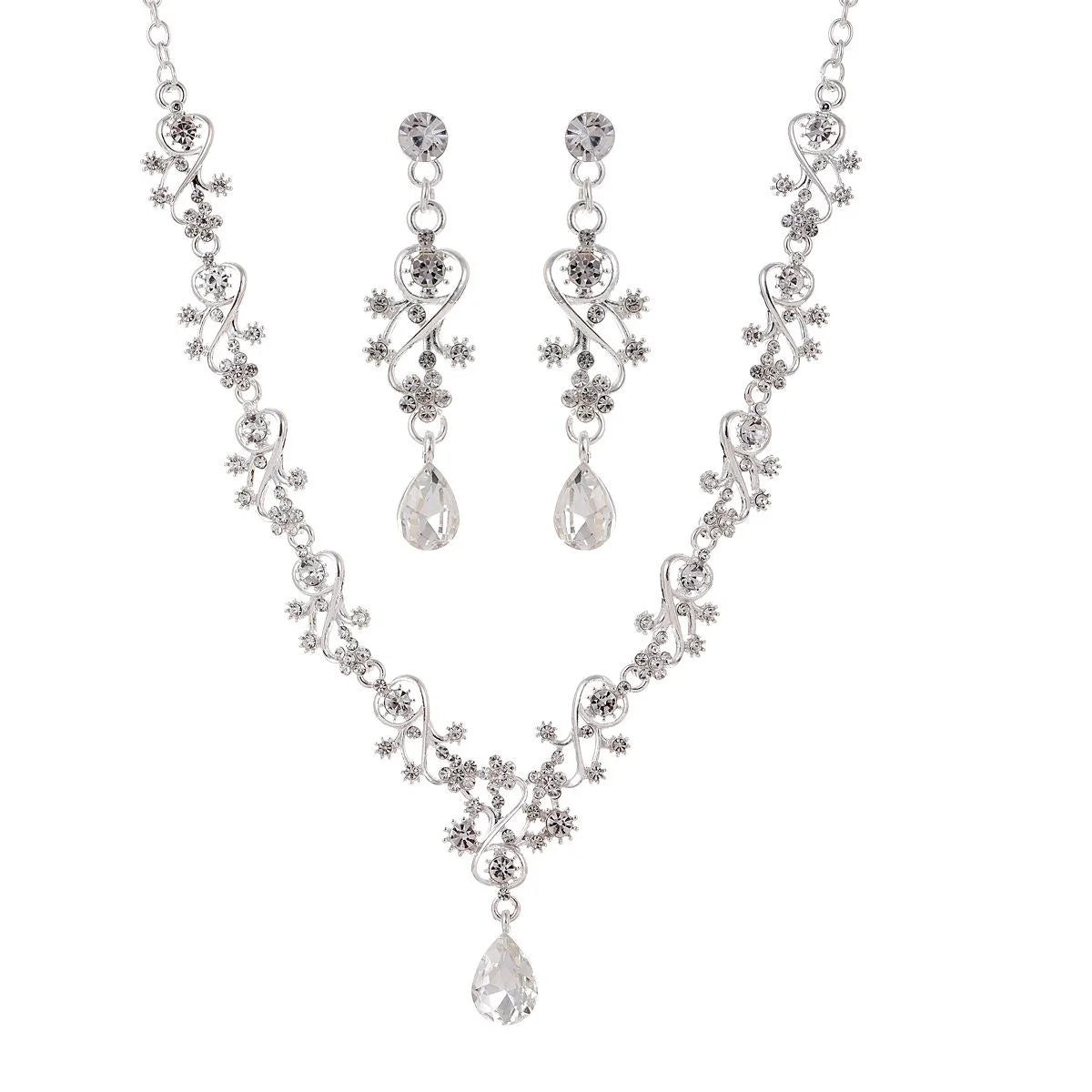 Elegant Bridal Rhinestone Crystal Teardrop Necklace And Earrings Jewelry Set For Wedding Banquet Party Gift