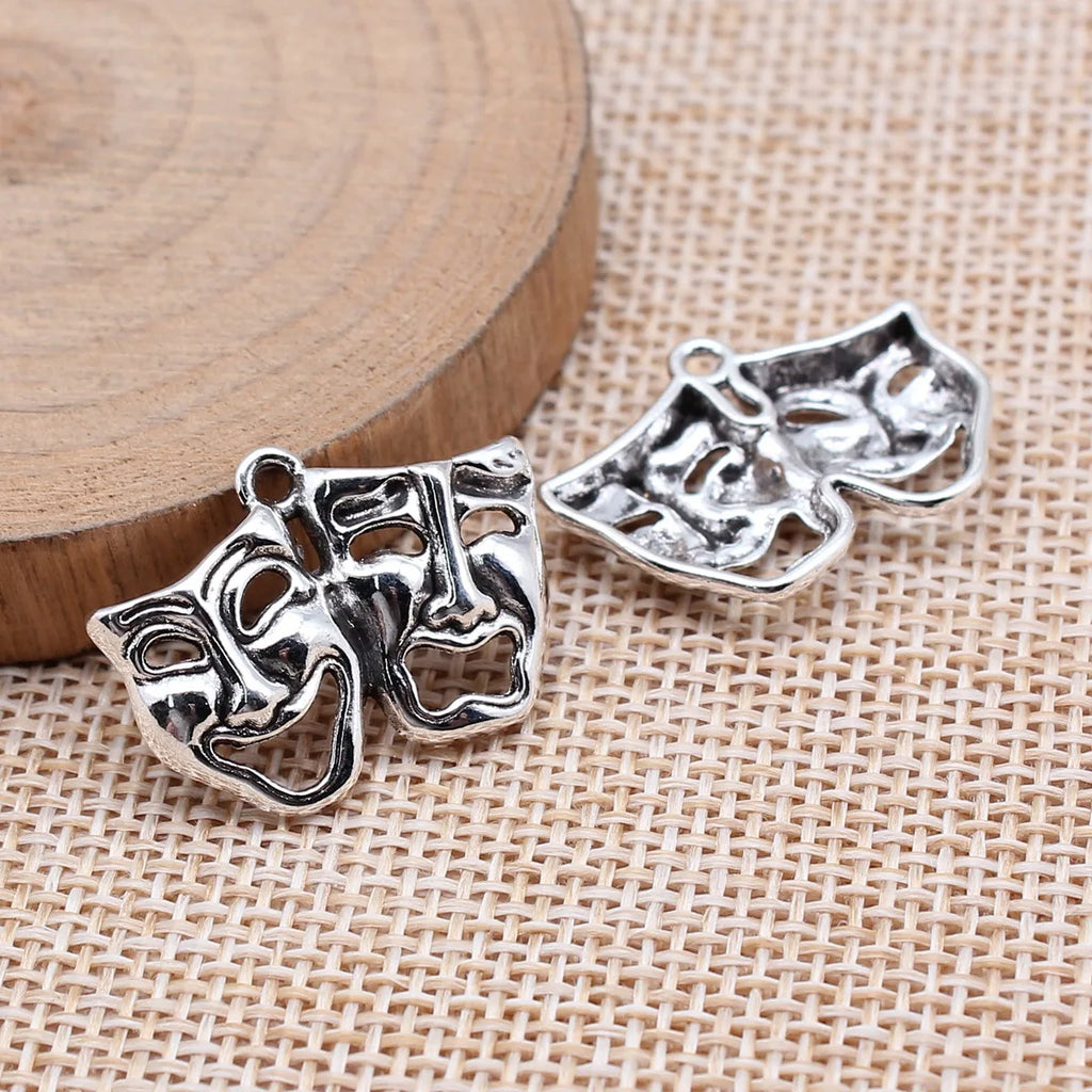 25x18mm 1.8g Antique Silver Zinc Alloy Theater Comedy Tragedy Face Charm Pendant for DIY Jewelry