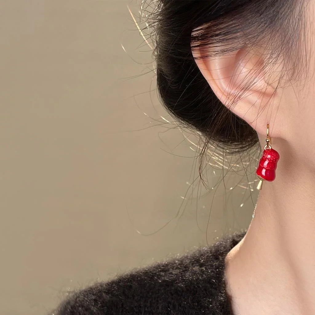 New Chinese Copper Enamel Candied Hawthorn Geometric Drop Earrings, Minimal Designer Style