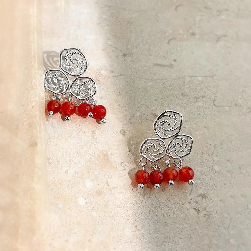 Vintage Ethnic Red Agate Drop Earrings Copper Hollow Geometric Auspicious Cloud