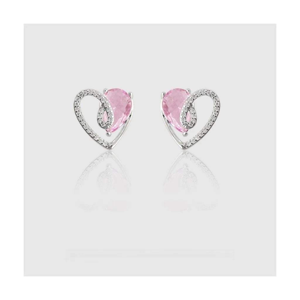 Original Design Copper Micro Pave Zircon Pink Heart Stud Earrings Hollow Line Sweet Everyday Jewelry
