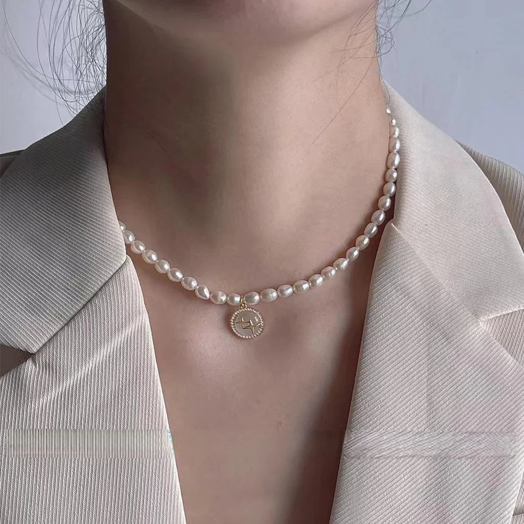 14K Plated Freshwater Pearl Zircon Geometric Round Adjustable Clavicle Necklace