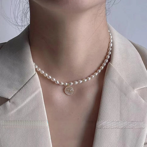 14K Plated Freshwater Pearl Zircon Geometric Round Adjustable Clavicle Necklace