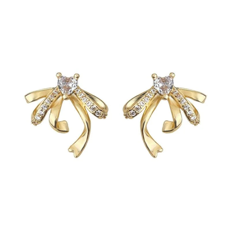 Micro Pave Zircon Heart Bow Stud Earrings, Copper 3D Ribbon Luxury Jewelry