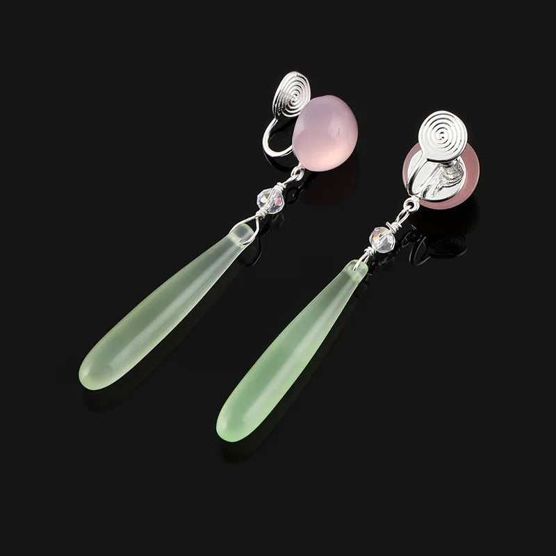 Elegant New Chinese Long Green Agate Teardrop Pink Chalcedony Alloy Stud & Clip On No Piercing Earrings