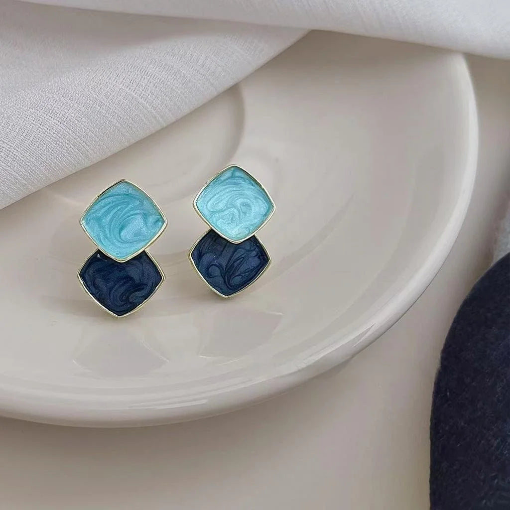 Eco-Friendly Copper Geometric Square Drop Earrings Sea Blue Contrast Vacation Style