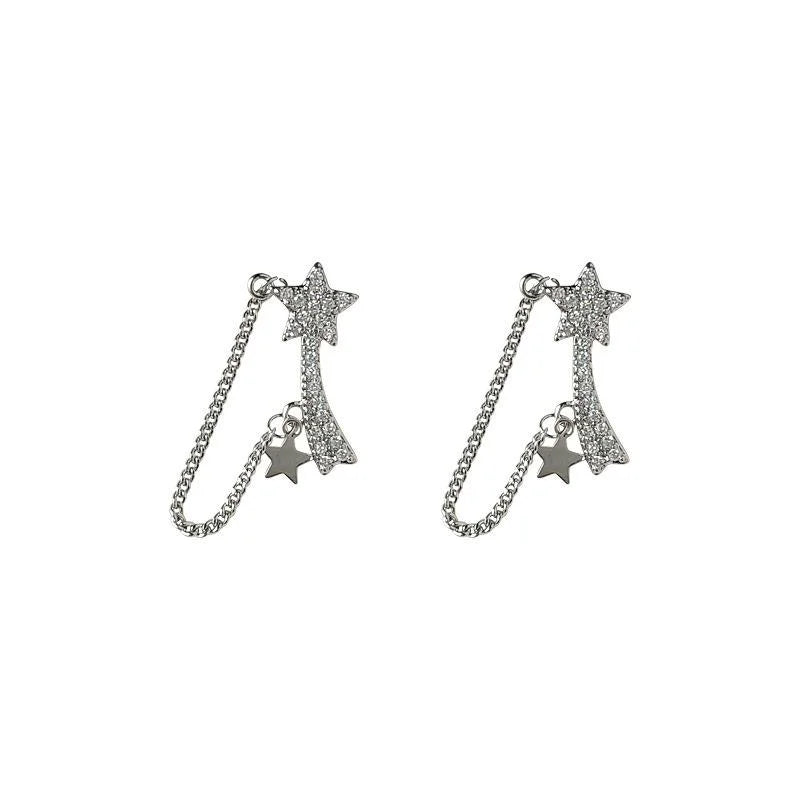 Sweet Cool Star Chain Micro Pave Zircon Copper Stud Earrings With Silver Plated Posts