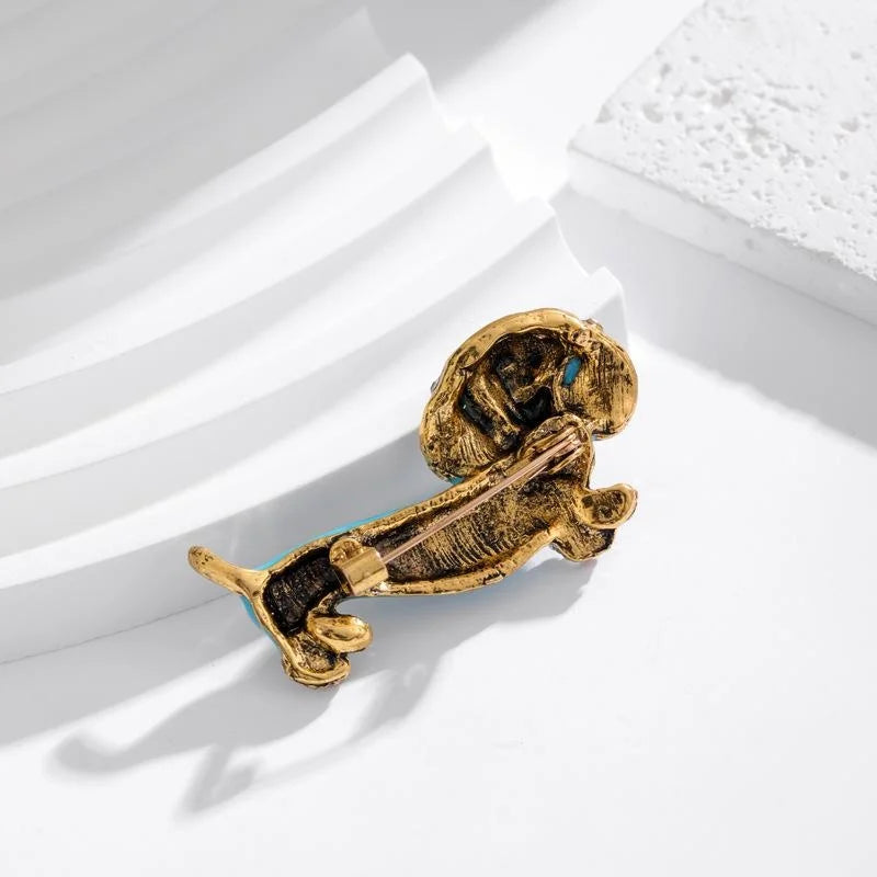 Cute Enamel Dachshund Dog Brooch With Rhinestone Ears, Alloy Animal Lapel Pin Gift For Women