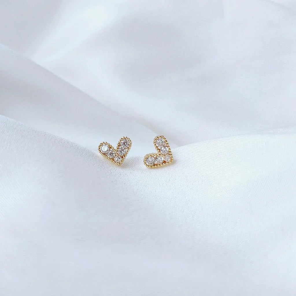 14K Gold Plated Mini Heart Zircon Micro Pave Stud Earrings Korean Style