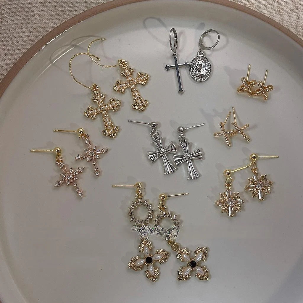 14K Plated Copper Cross Drop Earrings Sweet Cool Geometric Ear Jewelry