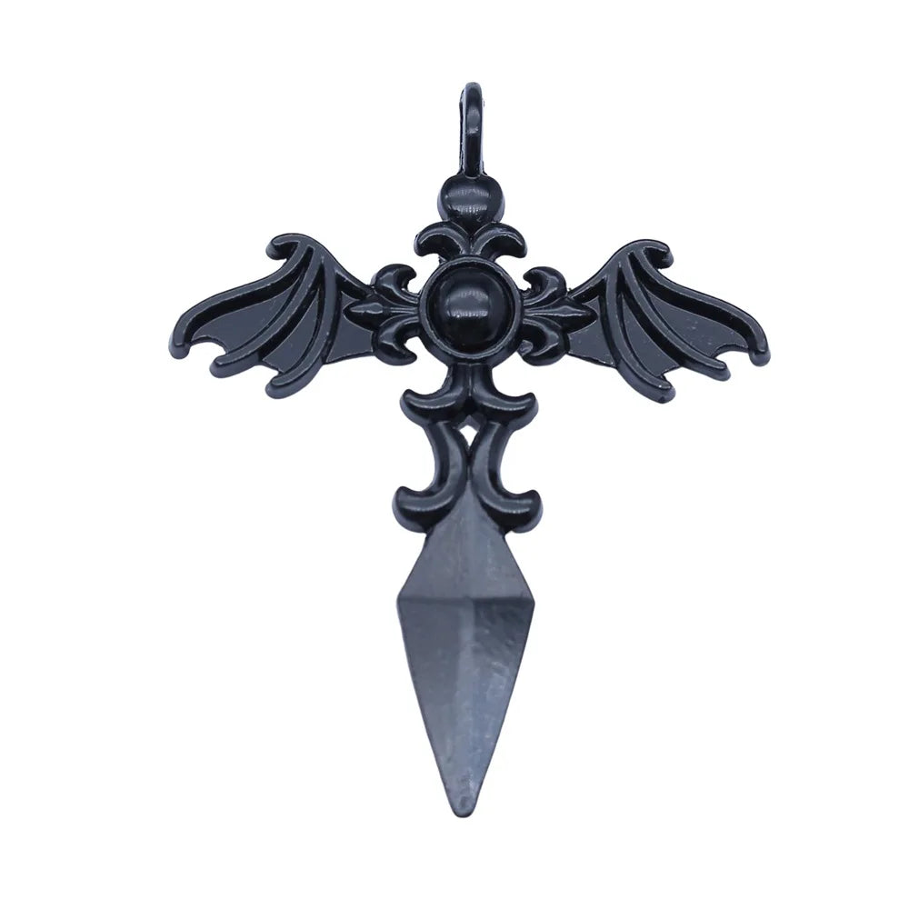 34x44mm 3g Black Antique Silver Zinc Alloy Gothic Wing Cross Charm Pendant for DIY Jewelry Making