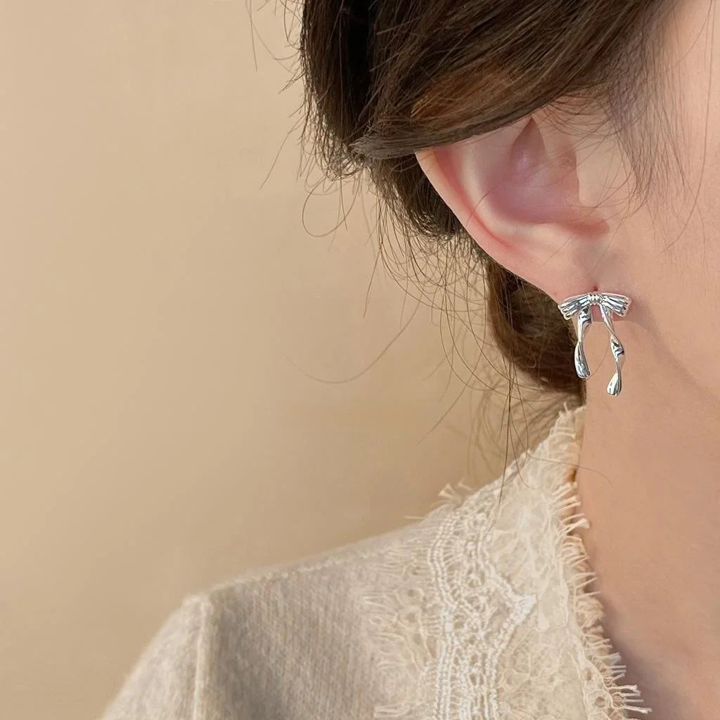 Minimalist Copper Ribbon Bow Drop Earrings, Sweet Ballet Style Jewelry