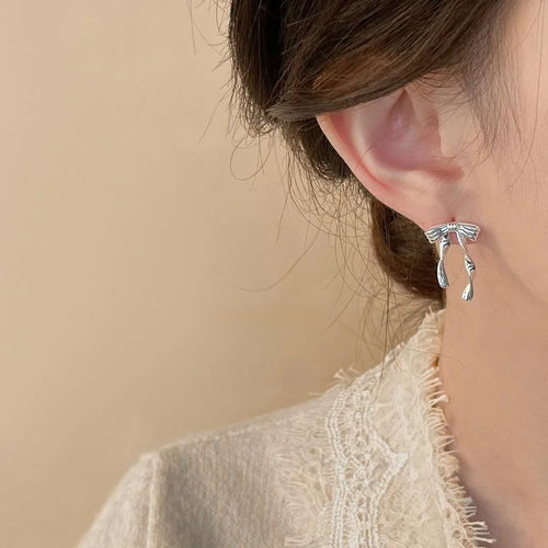 Minimalist Copper Ribbon Bow Drop Earrings, Sweet Ballet Style Jewelry