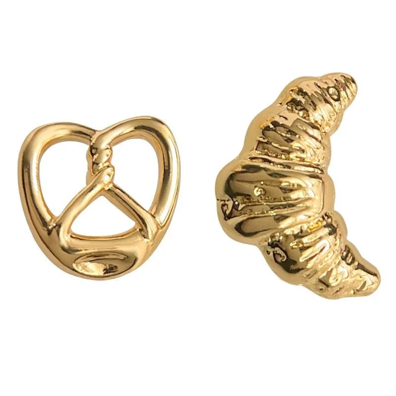 14K Gold Plated Copper Pretzel Croissant Asymmetric Stud Earrings Mini Sweet Geometric Jewelry