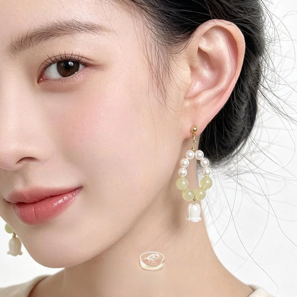 Handmade Jade Lily Of The Valley Tulip Drop Earrings Elegant Fresh Forest Style Geometric Jewelry