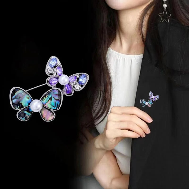 Elegant Double Butterfly Mother Of Pearl Rhinestone Brooch With Faux Pearl, Vintage Lapel Pin Gift