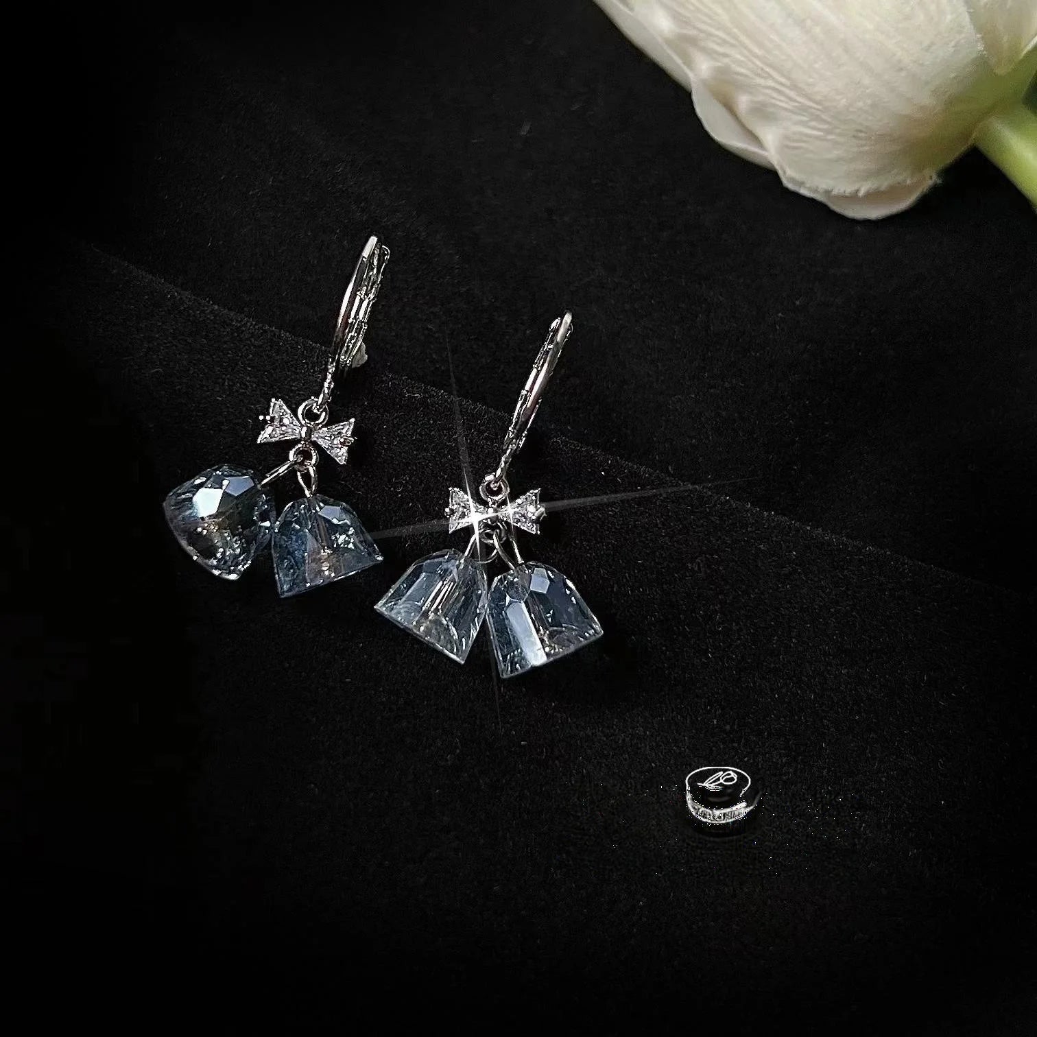 Premium Glass Crystal Bow Bell Drop Earrings With Micro Pave Zircon Irregular Handmade Design