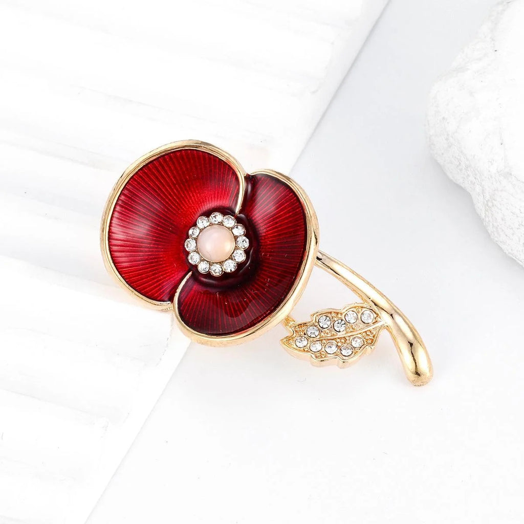 Elegant Red Enamel Poppy Flower Brooch With Rhinestone Pearl Center, Alloy Lapel Pin Corsage Gift