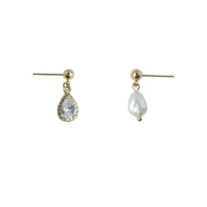 French Freshwater Pearl Zircon Teardrop Asymmetric Stud Earrings Elegant Minimalist Jewelry