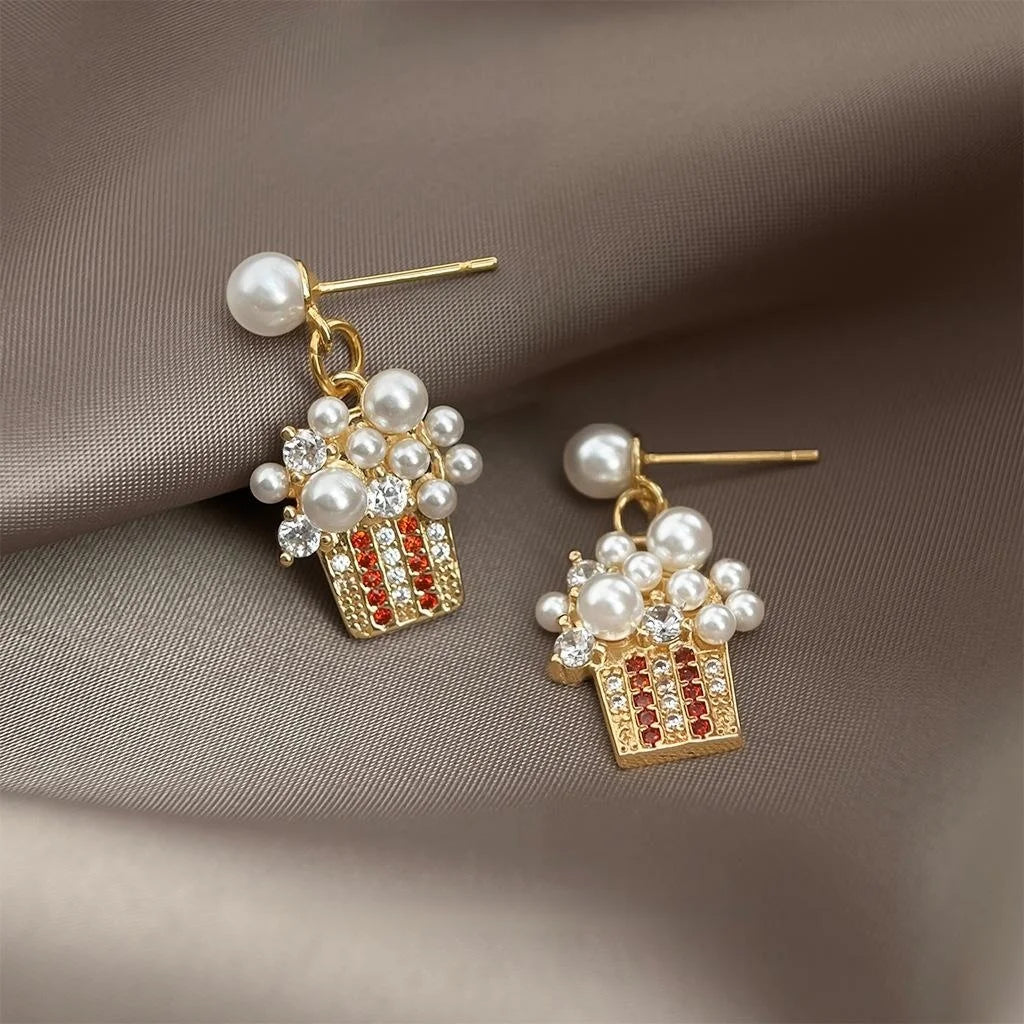14K Gold Plated Copper Ice Cream Cartoon Pearl Zircon Drop Earrings Niche Designer Jewelry