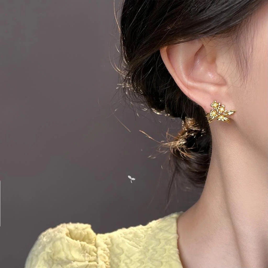 14K Plated Copper Osmanthus Flower Zircon Stud Earrings, Light Luxury Floral Petal Jewelry