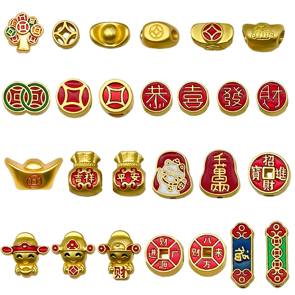 Gold Tone Zinc Alloy Fu Ingot Coin Spacer Beads for DIY Red String Bracelet Necklace