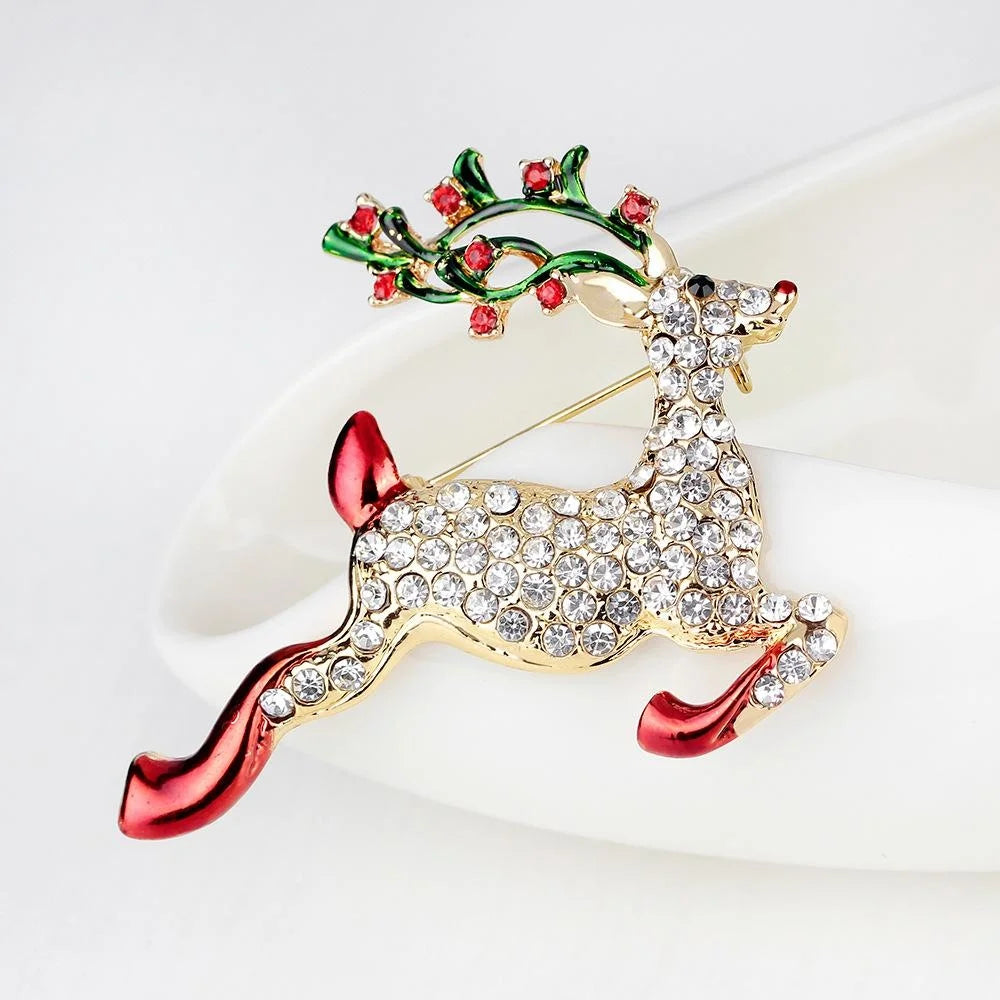 Luxury Christmas Reindeer Rhinestone Enamel Alloy Brooch, Elegant Deer Lapel Pin Corsage Suit Accessory Gift
