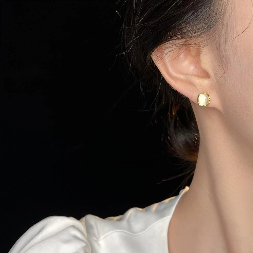 Minimalist 14K Plated Copper Square Glass Cat Eye Stone Stud Earrings With Silver Plated Pins