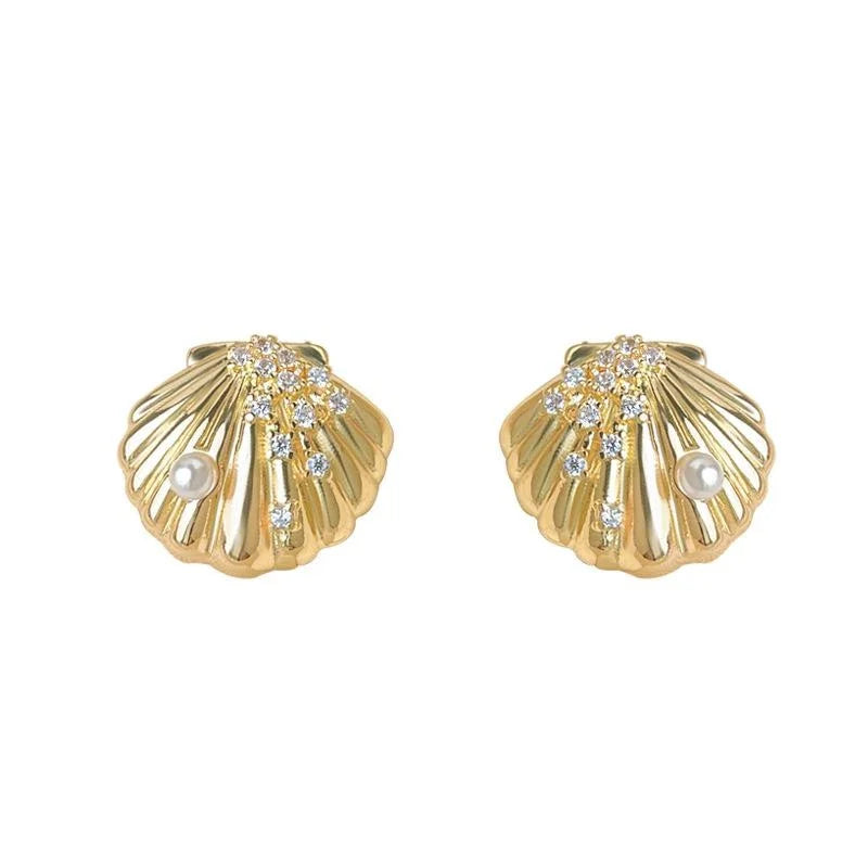 14K Gold Plated Copper Shell Stud Earrings With Micro Pave Zircon Ocean Star Luxury Style