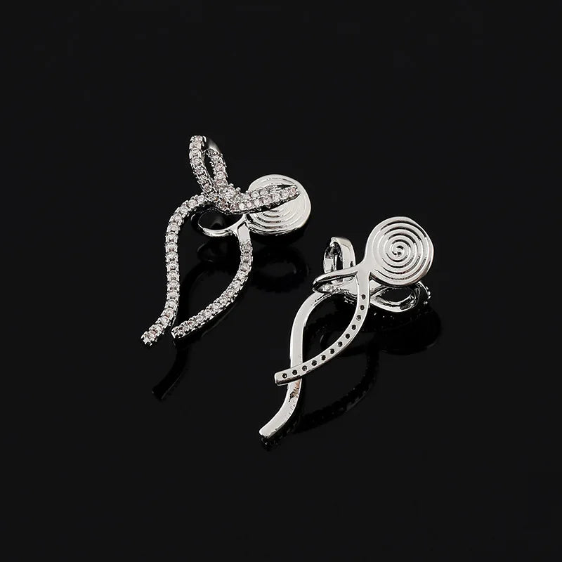 Elegant Zircon Rhinestone Bowknot Swirl Drop Stud & Clip On No Piercing Back Hanging Earrings