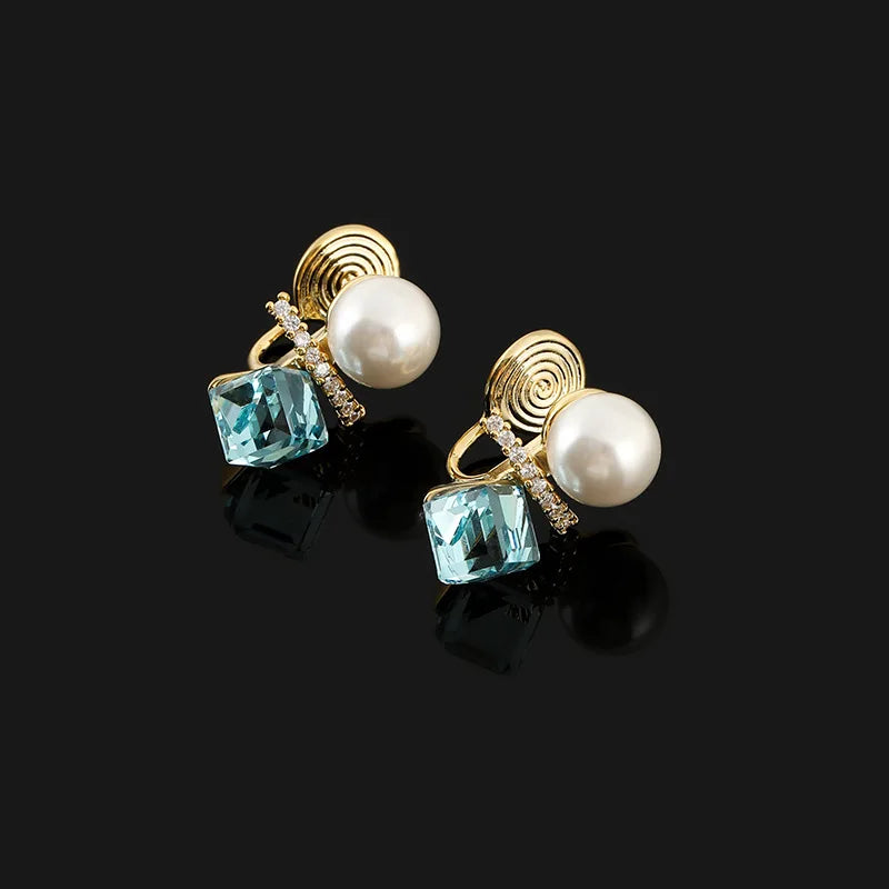 Elegant Spiral Pearl Aqua Crystal Cube Rhinestone Stud & Clip On No Piercing Earrings