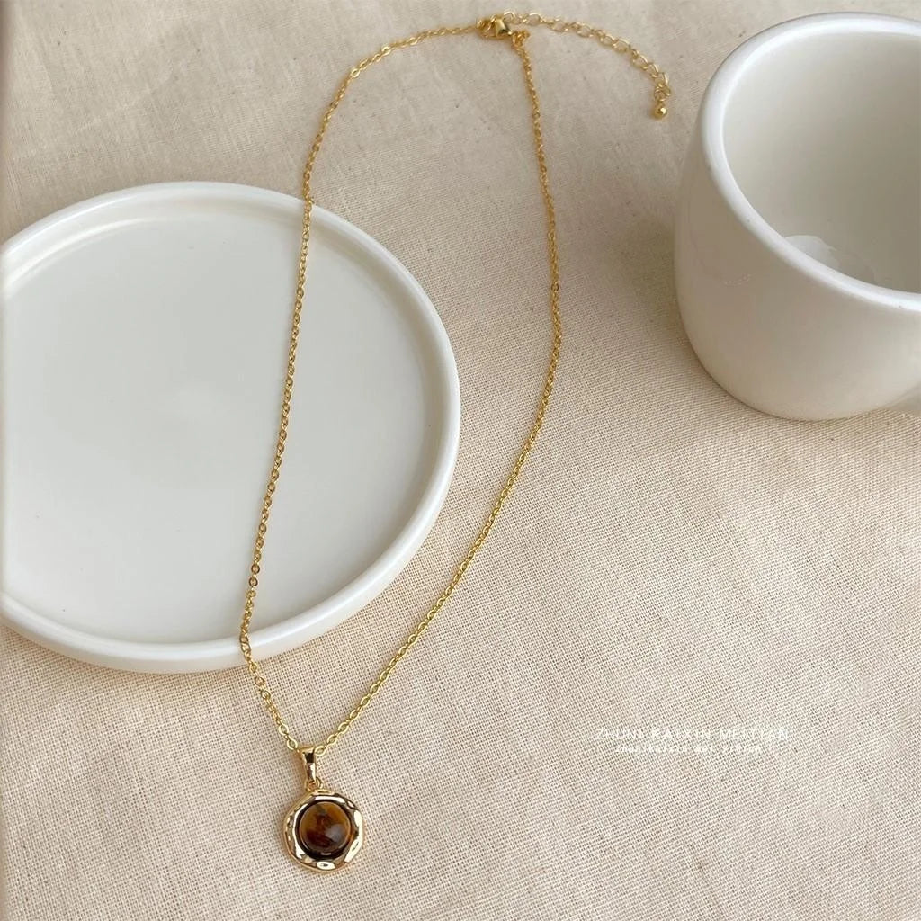 Thick 18K Real Gold Plated Tiger Eye Stone Geometric Necklace Vintage Collarbone Jewelry