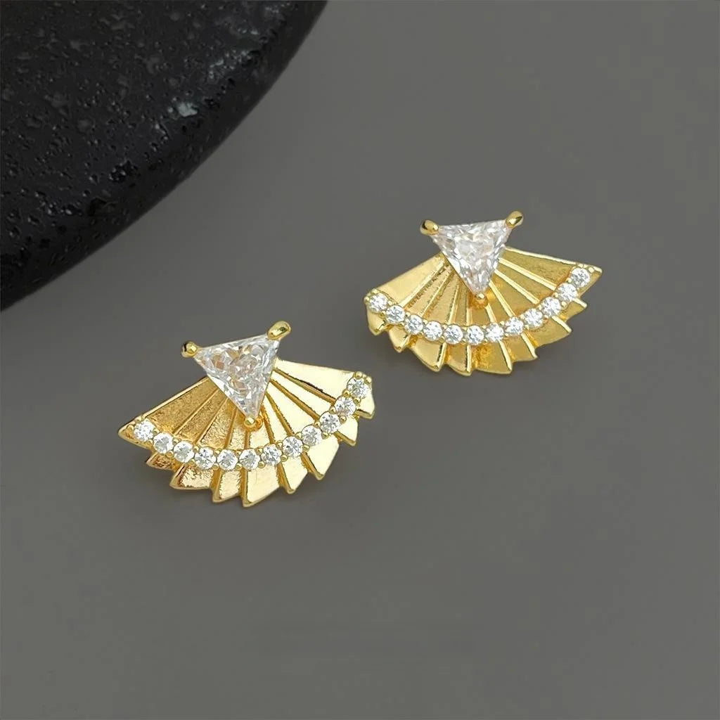 Designer Chinese Trend Fan Leaf Geometric Zircon Eco-Friendly Copper Stud Earrings With Silver Plated Pins