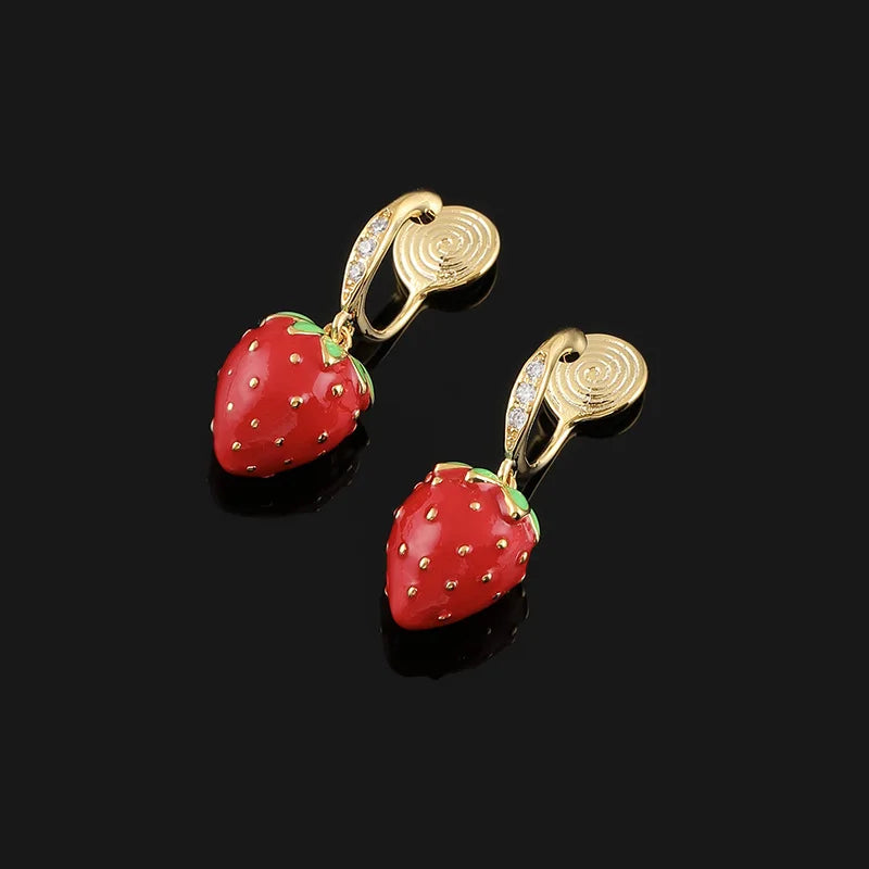 Sweet Cute Enamel Strawberry Alloy Zircon Luxury Long Drop Stud & Clip On No Piercing Fruit Earrings