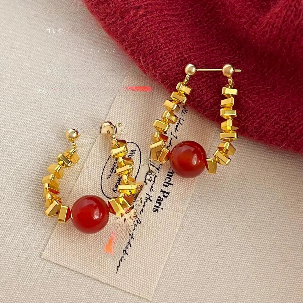 Light Luxury Red Agate Natural Stone Geometric Round Copper Drop Earrings
