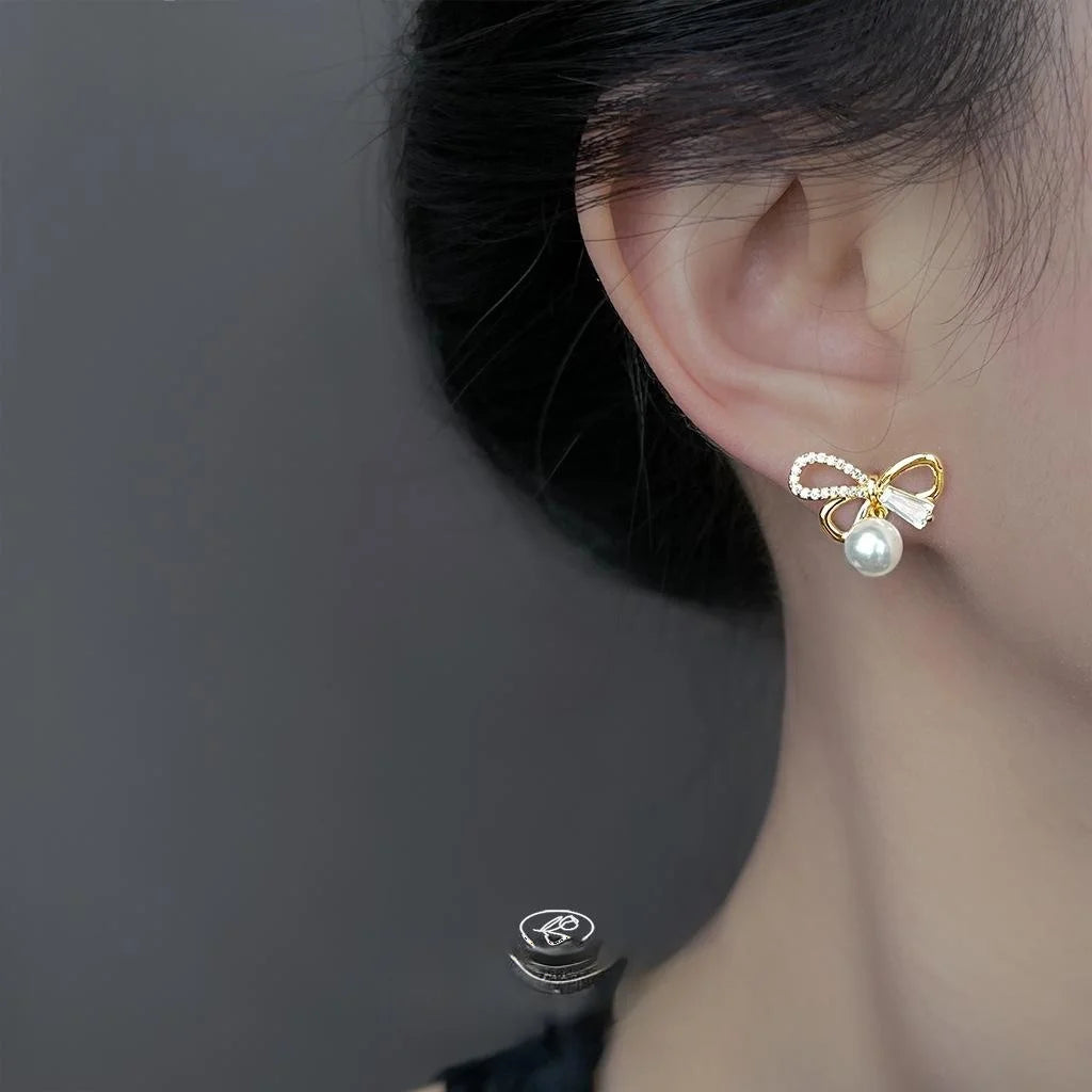 14K Plated Copper Bow Stud Earrings With Micro Pave Zircon And High Luster Pearl