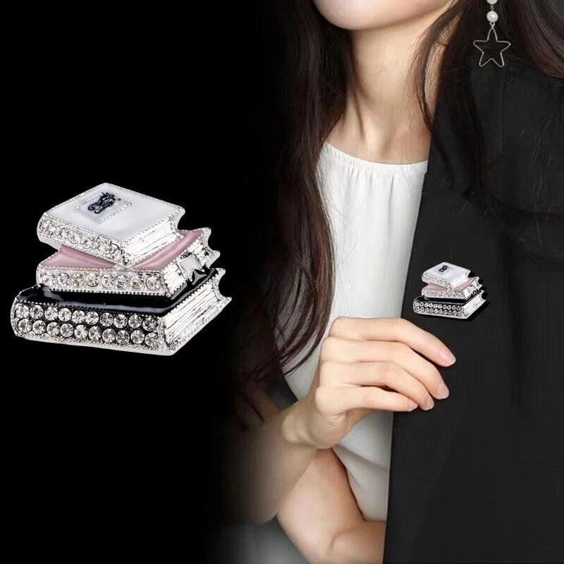 Luxury Rhinestone Three Books Brooch Pin With Enamel Pages, Creative Lapel Corsage Suit Accessory Gift