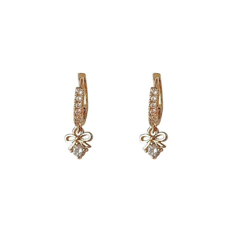 14K Gold Plated Copper Zircon Bow Drop Earrings Elegant Minimalist Versatile Jewelry
