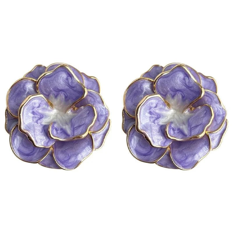 Vintage Style 14K Plated Copper Oversized Flower Enamel Purple Drop Earrings