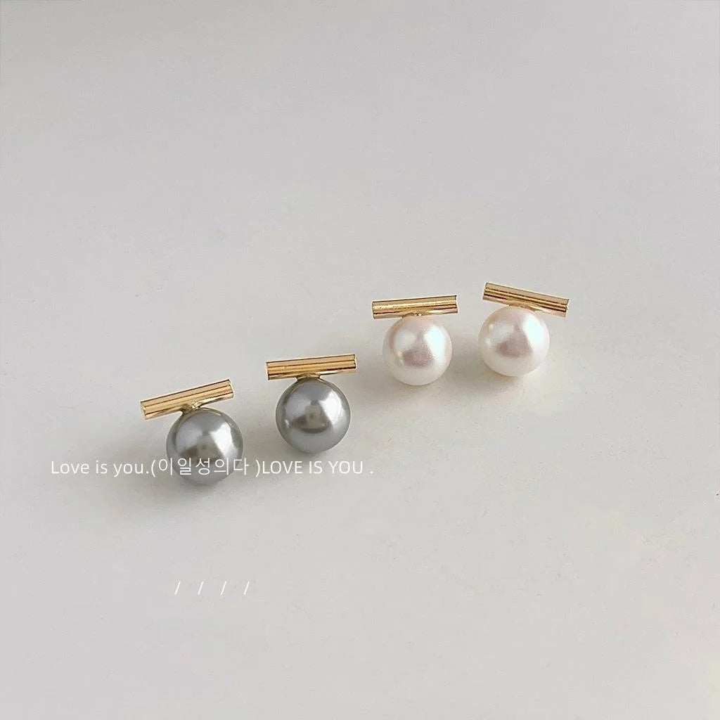 Premium Round Glass Pearl Stud Earrings 14K Plated Minimalist Elegant Ear Jewelry