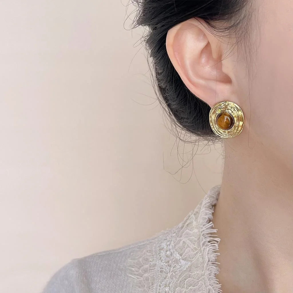 14K Gold Plated Tiger Eye Round Geometric Stud Earrings For Women Vintage Copper Jewelry