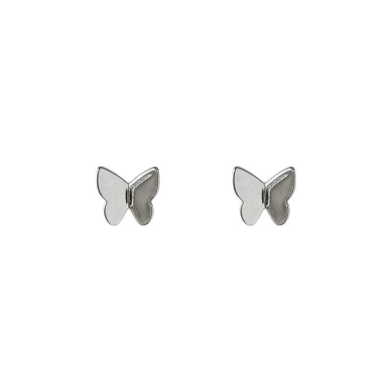 Minimalist Silver Tone Copper Butterfly Stud Earrings Smooth Metal Commuter Jewelry