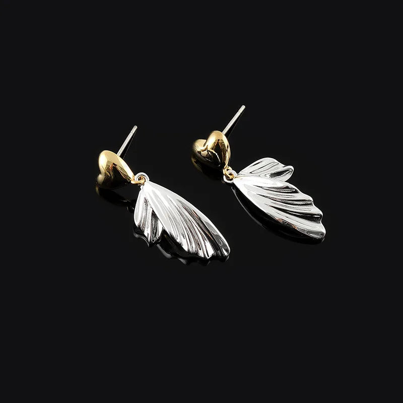 Elegant Gold Silver Two Tone Alloy Heart Fishtail Dangle Stud & Clip On No Piercing Earrings
