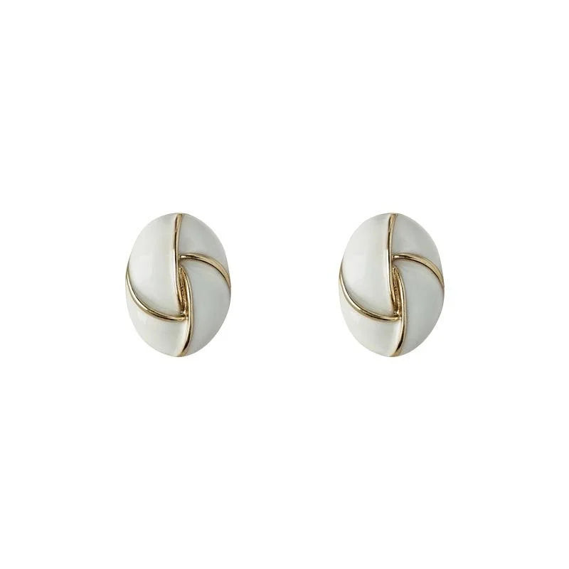 Hong Kong Style Cream Enamel Oval Geometric Copper Stud Earrings With 14K Plated Pins