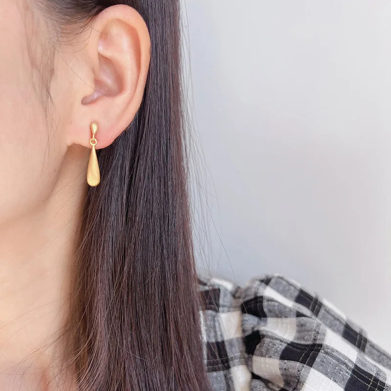 Elegant Brushed Gold Alloy Long Teardrop Spiral Disc Stud & Clip On No Piercing Geometric Drop Earrings